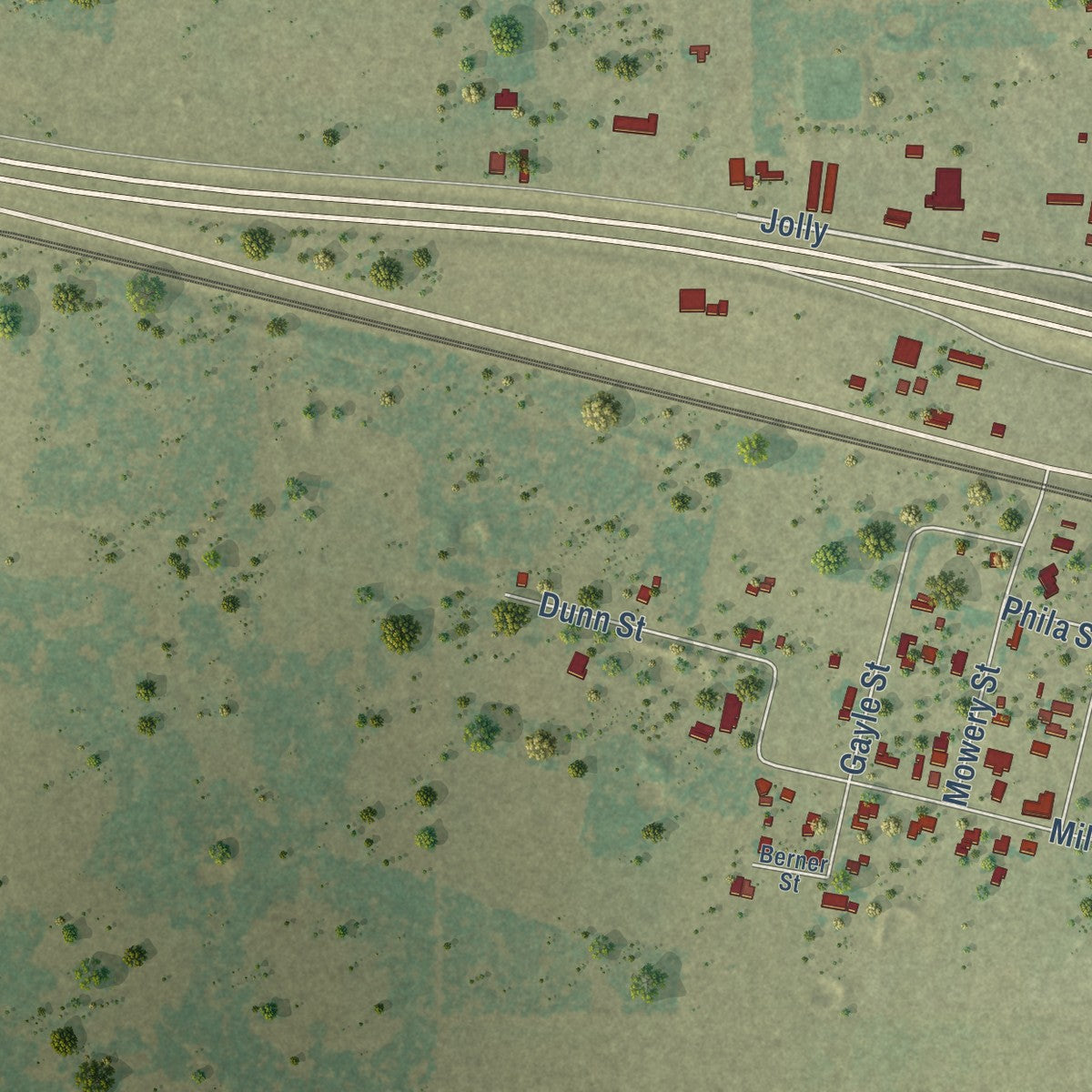 Close-up of the map of Jolly, Texas print showing street and building detail
