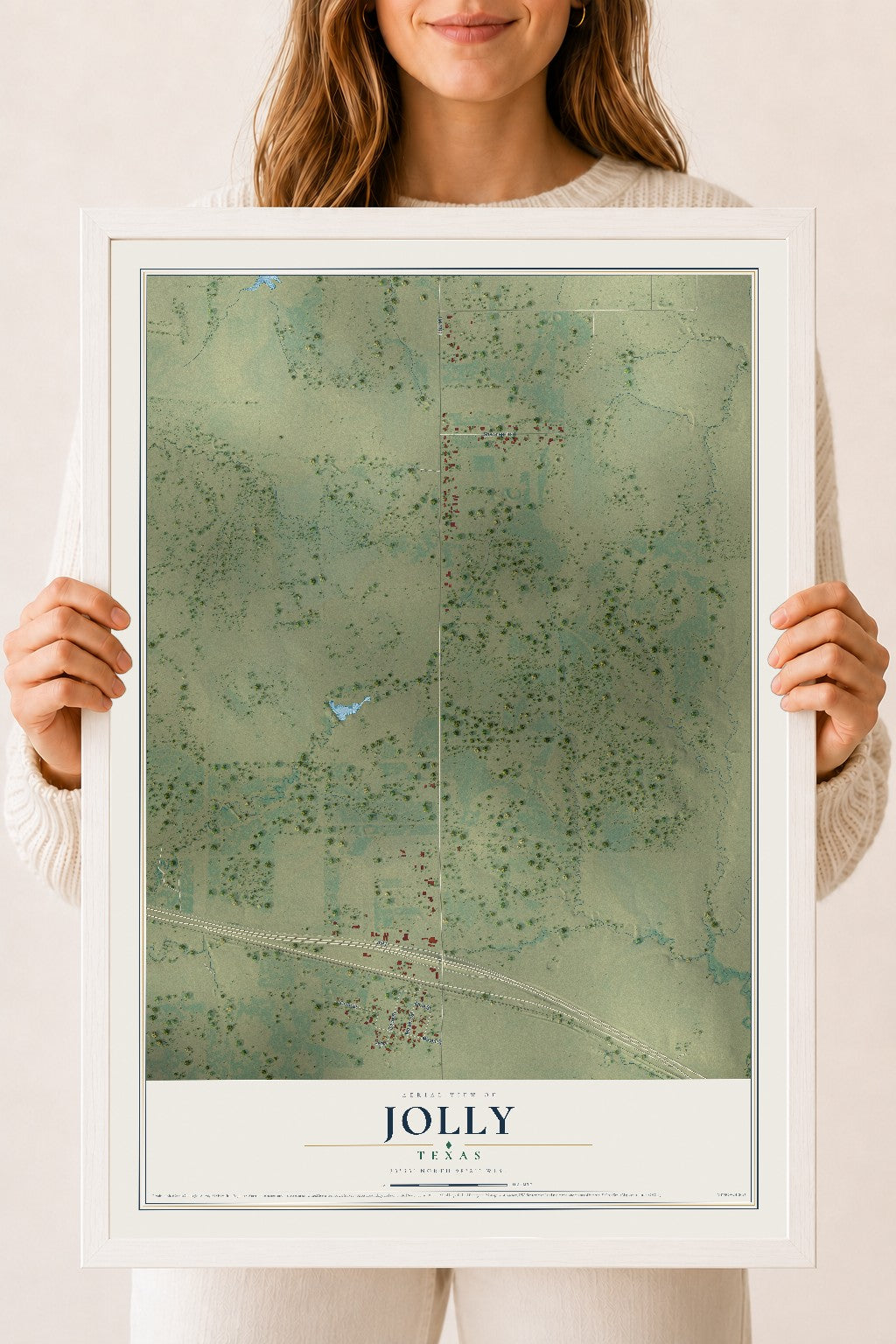 Map of Jolly, Texas, 18 x 24 inch print in a white wood frame
