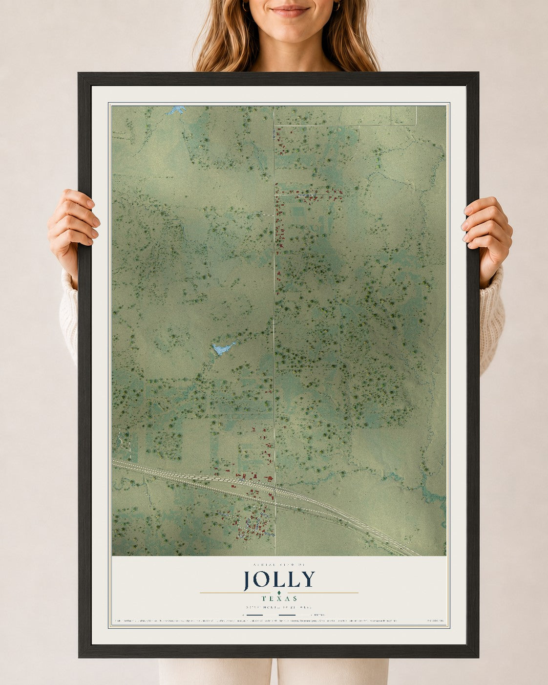 Map of Jolly, Texas, 24 x 36 inch print in a black wood frame