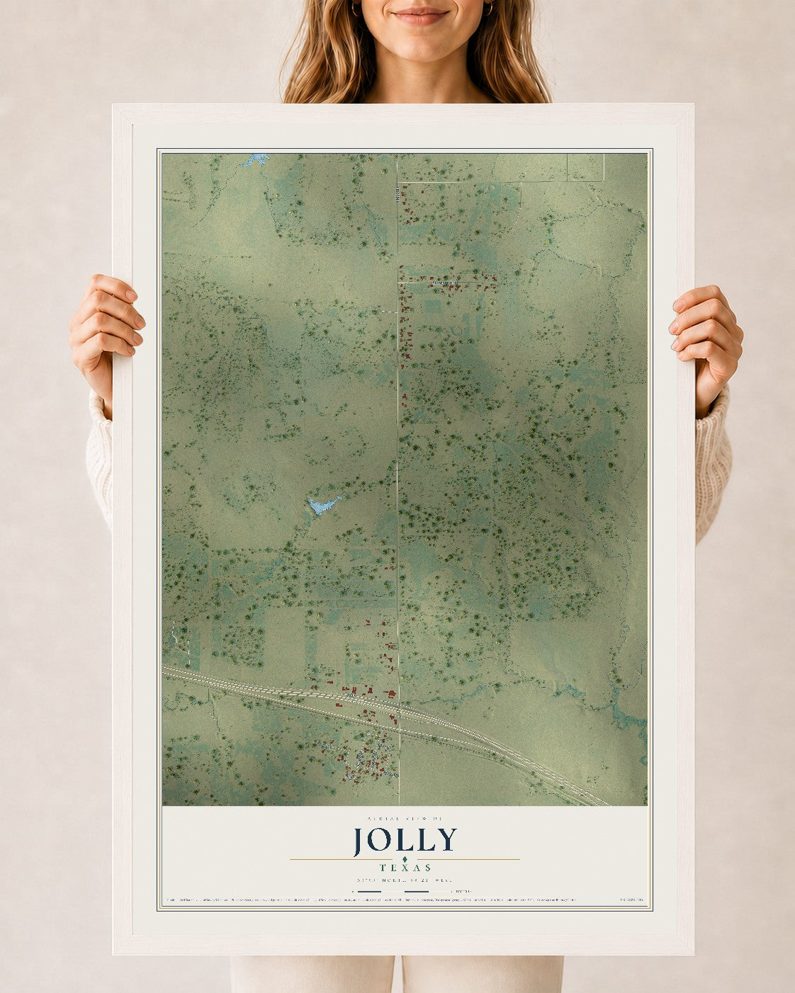 Map of Jolly, Texas, 24 x 36 inch print in a white wood frame