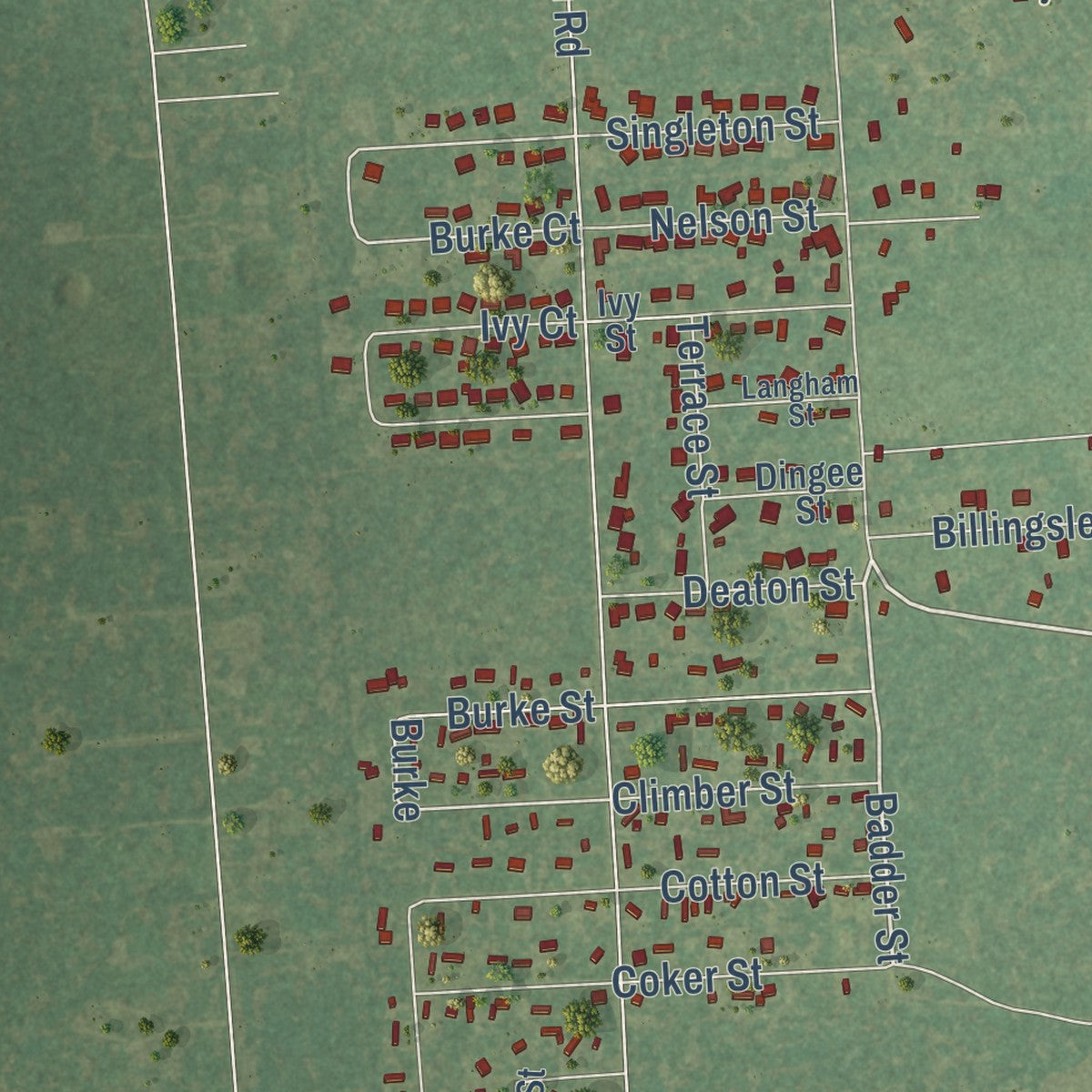 Close-up of the map of Jones Creek, Texas print showing street and building detail