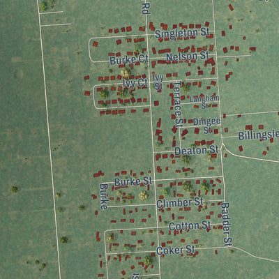 Close-up of the map of Jones Creek, Texas print showing street and building detail