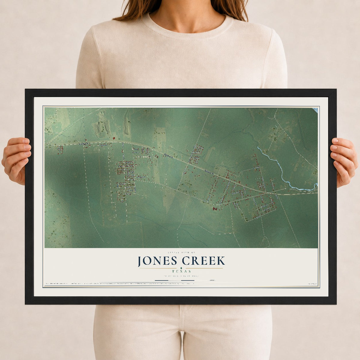 Map of Jones Creek, Texas, 12 x 18 inch print in a black wood frame