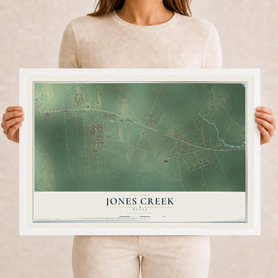 Map of Jones Creek, Texas, 12 x 18 inch print in a white wood frame