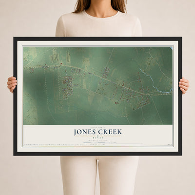 Map of Jones Creek, Texas, 24 x 36 inch print in a black wood frame