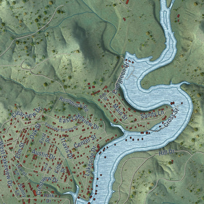 Second close-up of the map of Jonestown, Texas print showing more streets and buildings