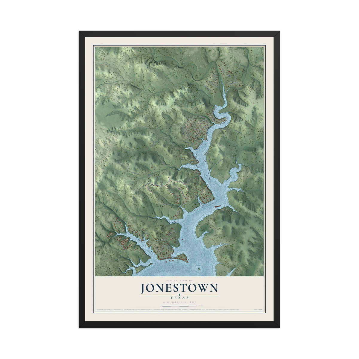 Map of Jonestown, Texas, 12 x 18 inch print in a black wood frame