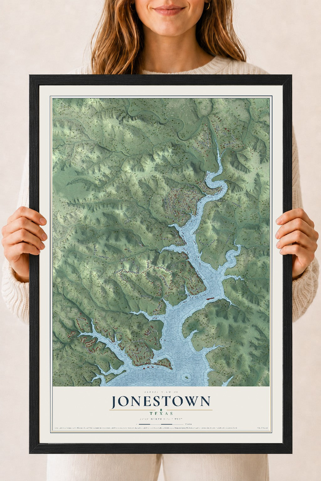 Map of Jonestown, Texas, 18 x 24 inch print in a black wood frame
