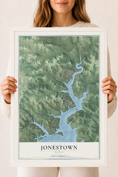 Map of Jonestown, Texas, 18 x 24 inch print in a white wood frame