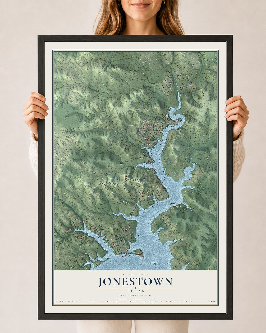 Map of Jonestown, Texas, 24 x 36 inch print in a black wood frame