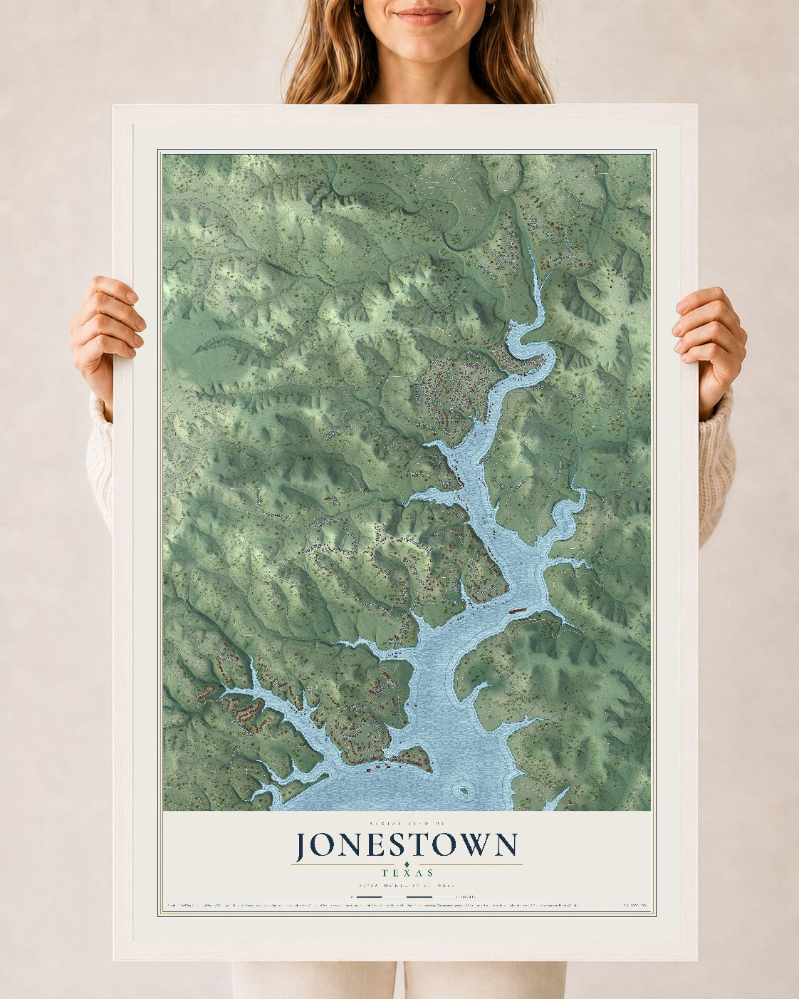 Map of Jonestown, Texas, 24 x 36 inch print in a white wood frame