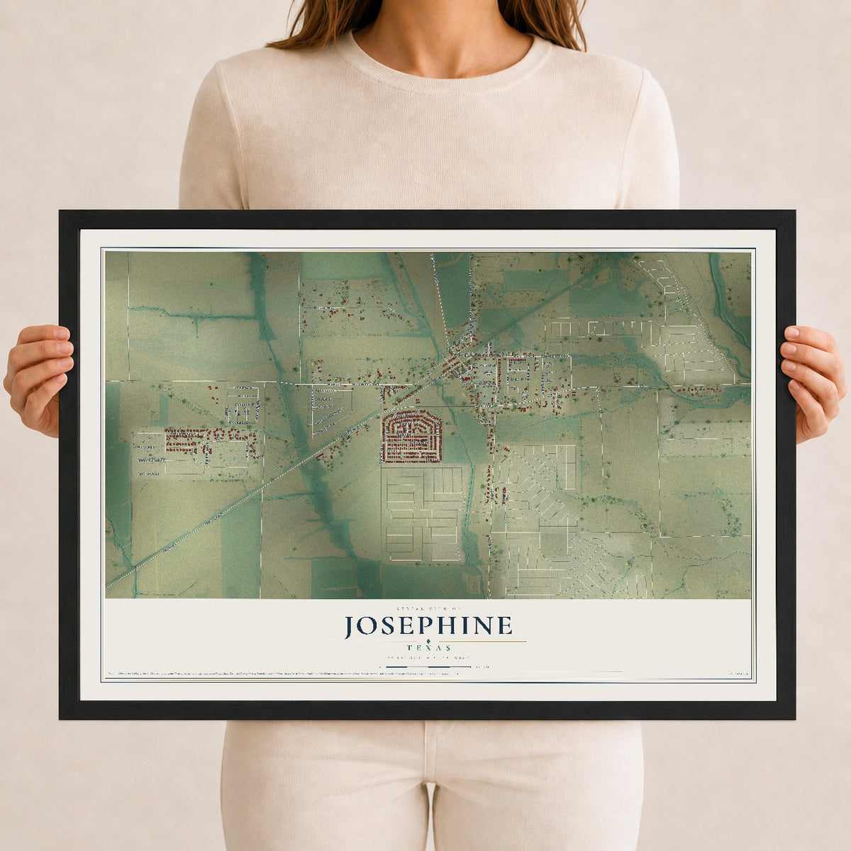 Map of Josephine, Texas, 12 x 18 inch print in a black wood frame