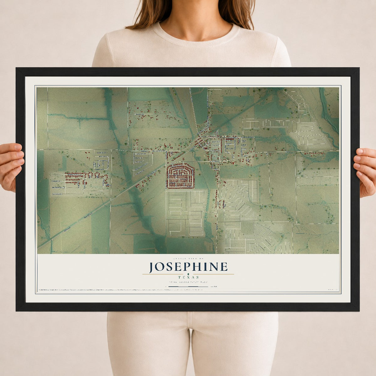 Map of Josephine, Texas, 18 x 24 inch print in a black wood frame