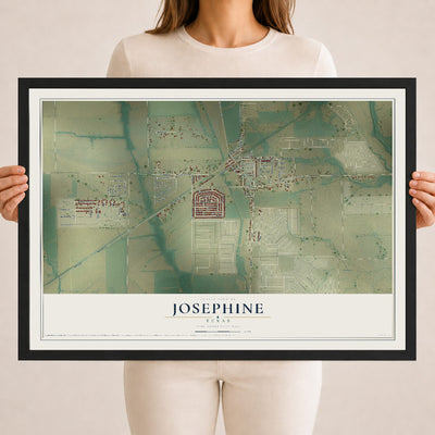 Map of Josephine, Texas, 18 x 24 inch print in a black wood frame