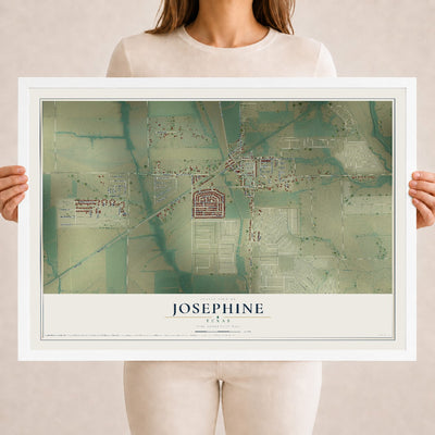 Map of Josephine, Texas, 18 x 24 inch print in a white wood frame