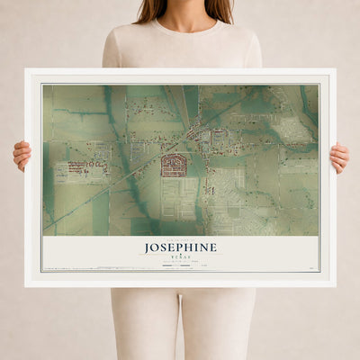 Map of Josephine, Texas, 24 x 36 inch print in a white wood frame