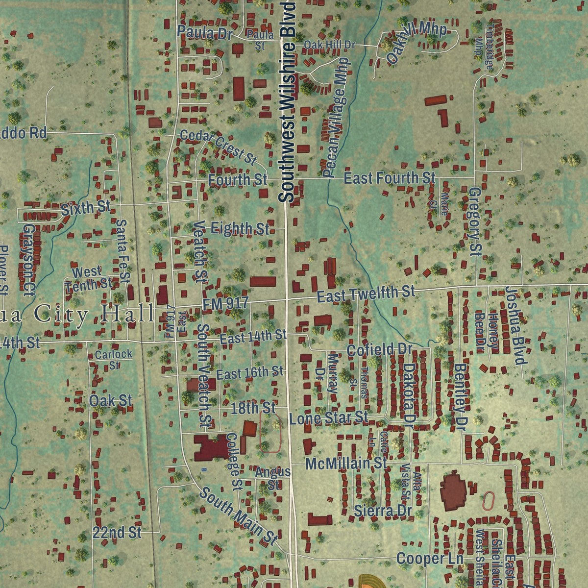 Close-up of the map of Joshua, Texas print showing street and building detail