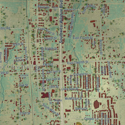 Close-up of the map of Joshua, Texas print showing street and building detail