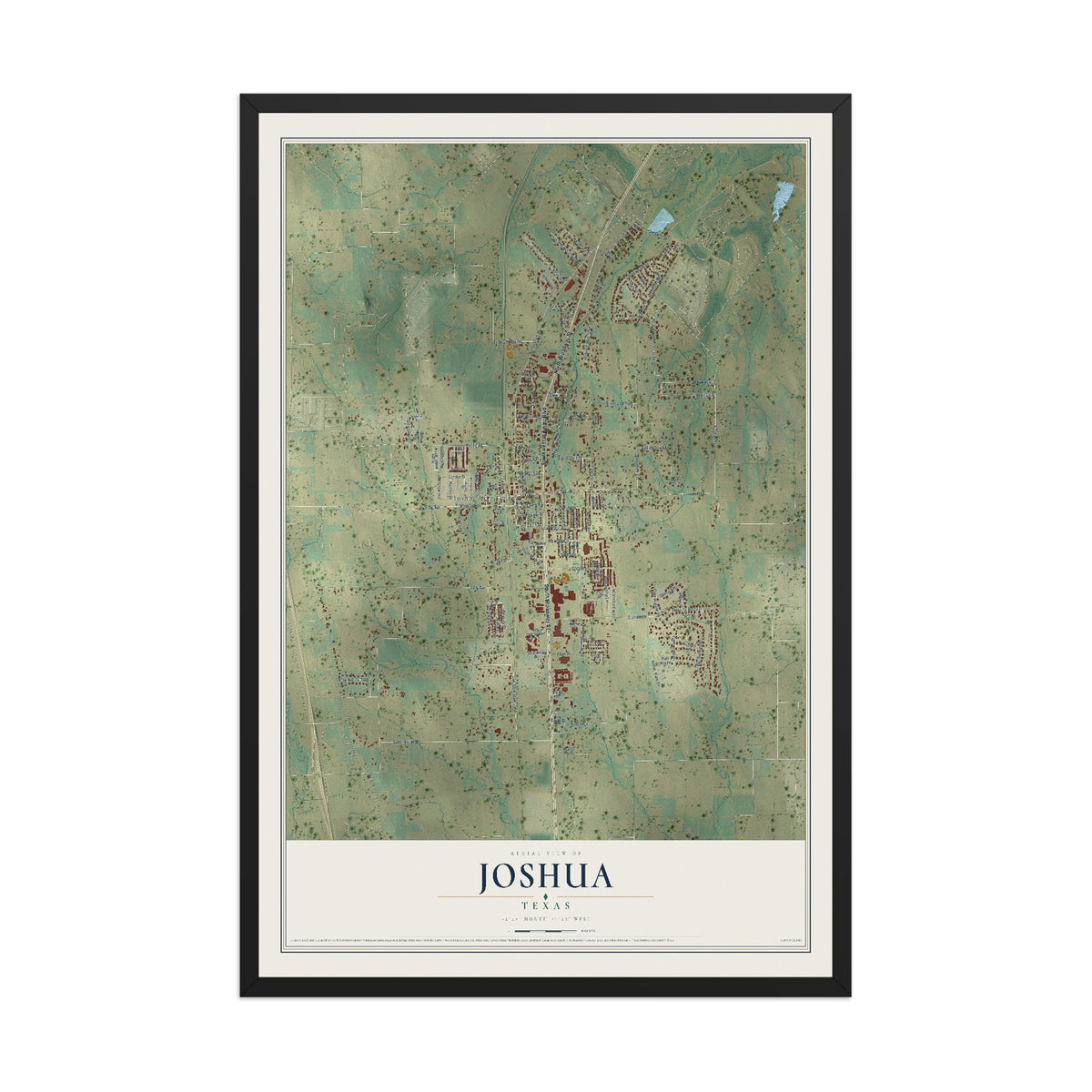 Map of Joshua, Texas, 12 x 18 inch print in a black wood frame