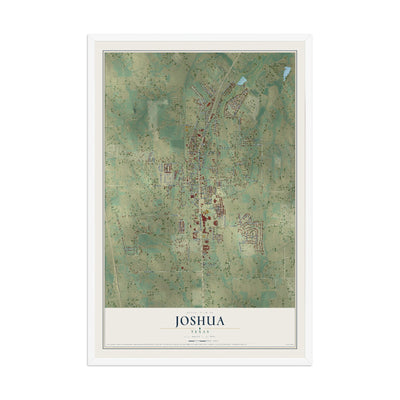 Map of Joshua, Texas, 12 x 18 inch print in a white wood frame