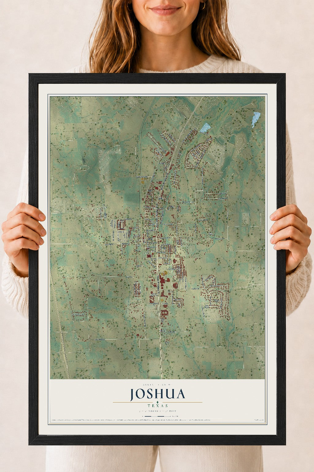 Map of Joshua, Texas, 18 x 24 inch print in a black wood frame