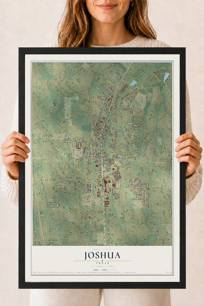 Map of Joshua, Texas, 18 x 24 inch print in a black wood frame
