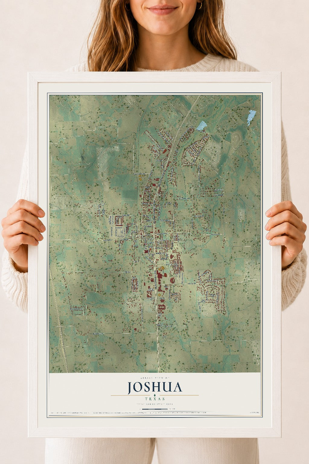 Map of Joshua, Texas, 18 x 24 inch print in a white wood frame