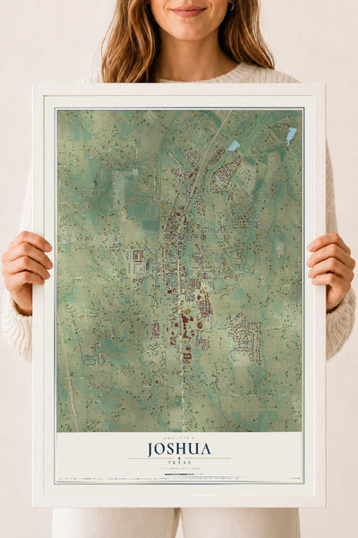 Map of Joshua, Texas, 18 x 24 inch print in a white wood frame