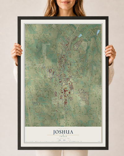 Map of Joshua, Texas, 24 x 36 inch print in a black wood frame