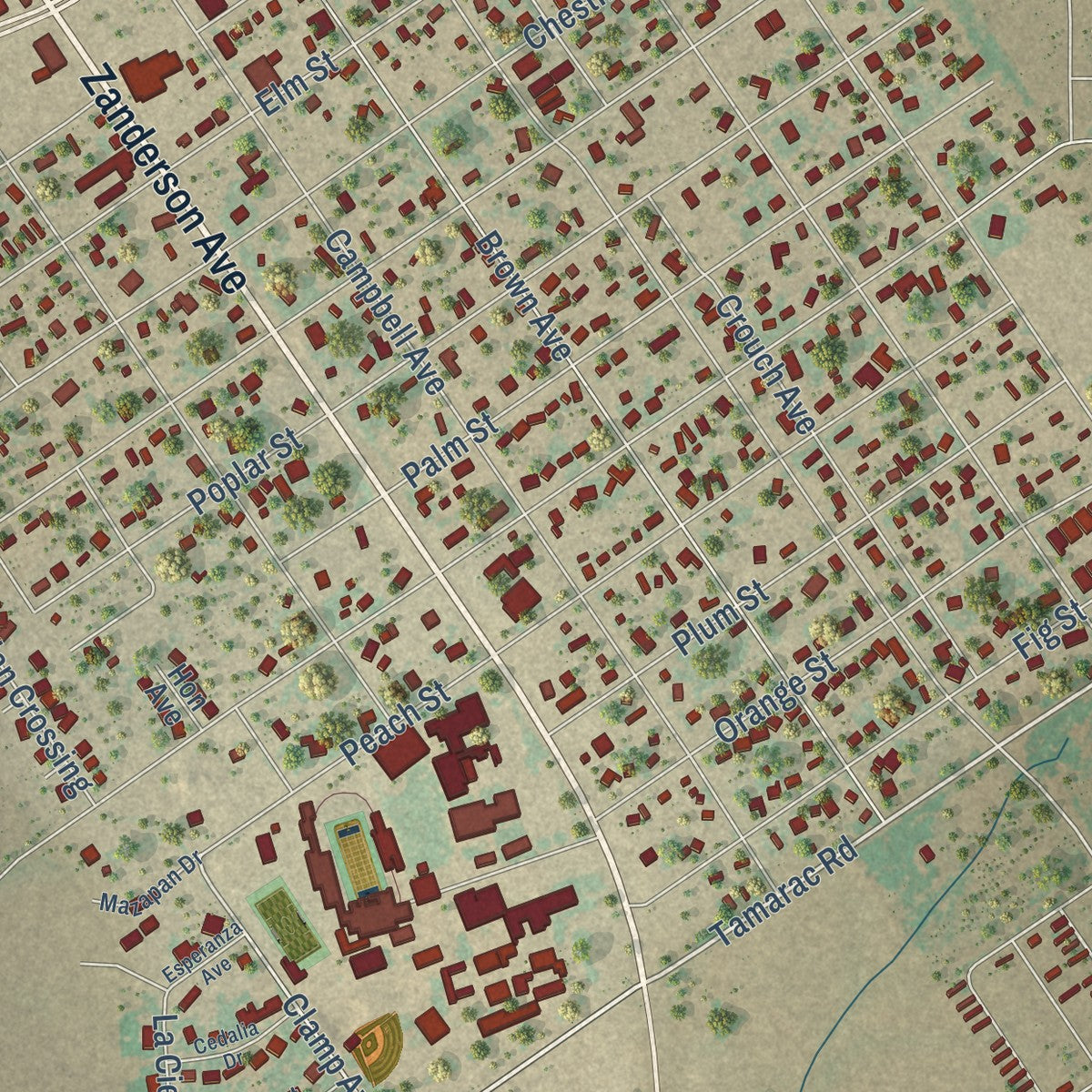 Close-up of the map of Jourdanton, Texas print showing street and building detail