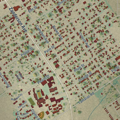 Close-up of the map of Jourdanton, Texas print showing street and building detail