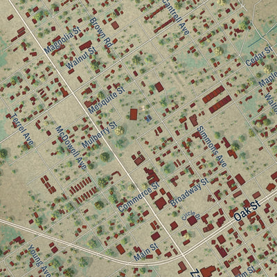 Second close-up of the map of Jourdanton, Texas print showing more streets and buildings