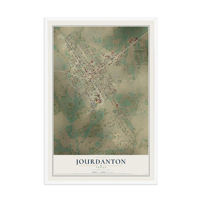 Map of Jourdanton, Texas, 12 x 18 inch print in a white wood frame