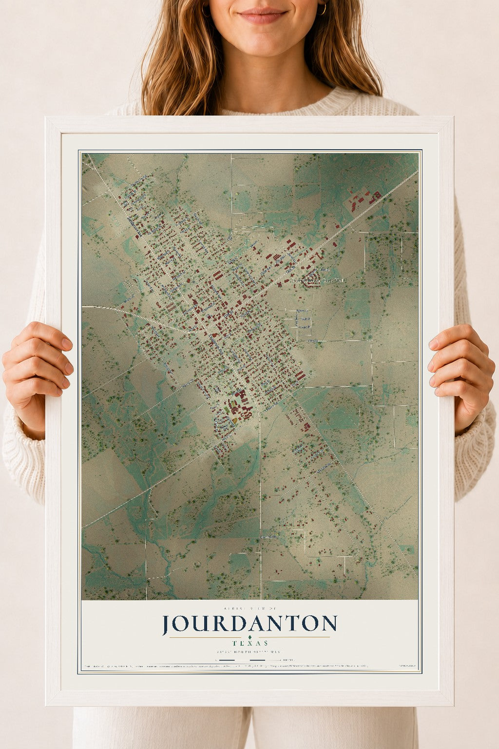 Map of Jourdanton, Texas, 18 x 24 inch print in a white wood frame