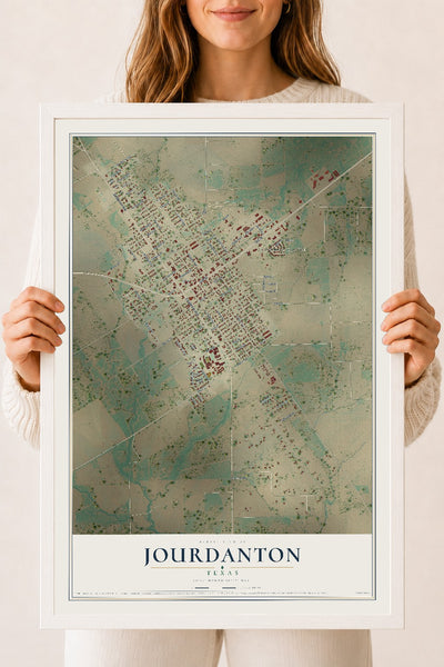 Map of Jourdanton, Texas, 18 x 24 inch print in a white wood frame