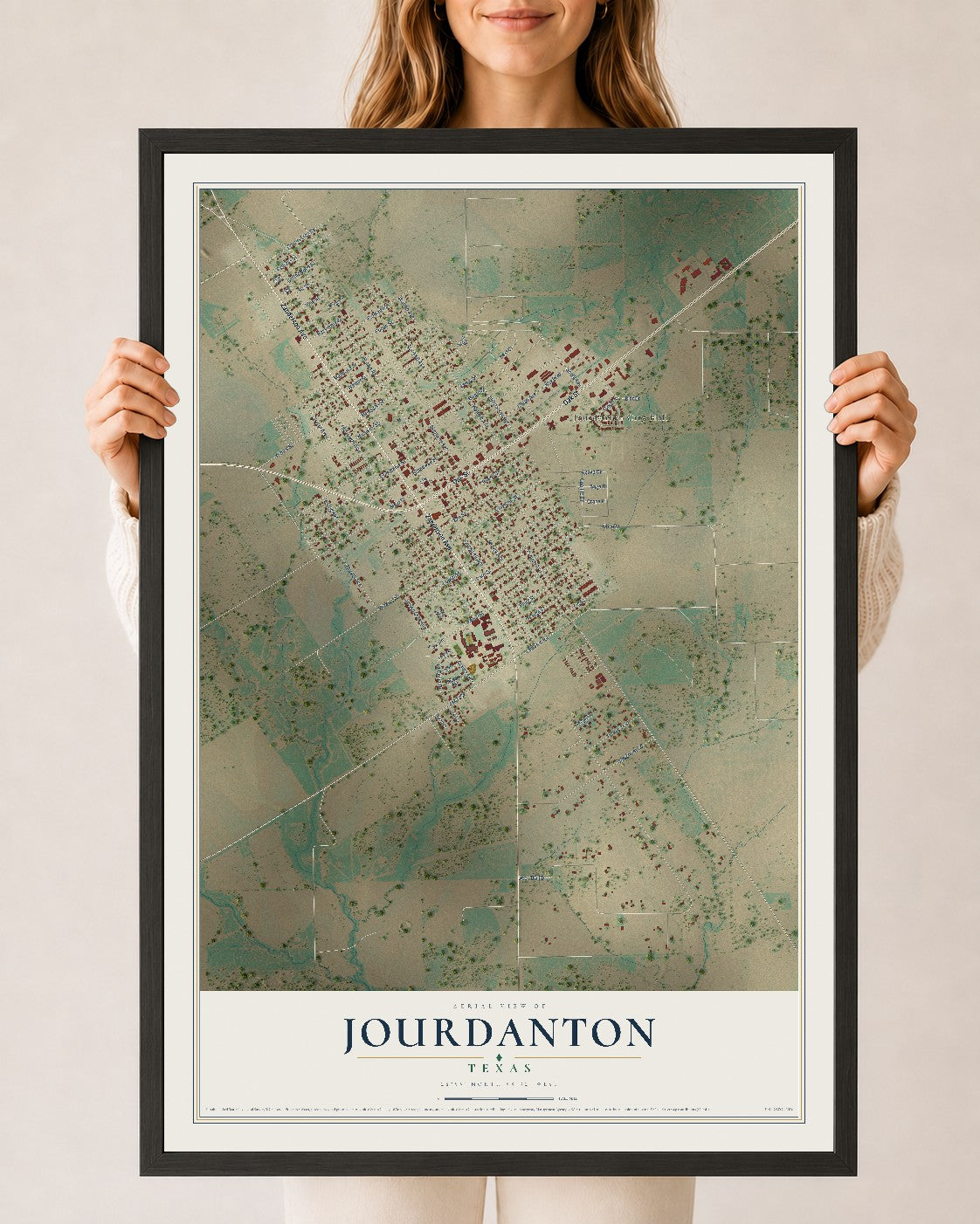Map of Jourdanton, Texas, 24 x 36 inch print in a black wood frame