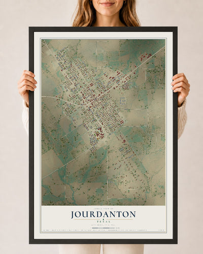 Map of Jourdanton, Texas, 24 x 36 inch print in a black wood frame