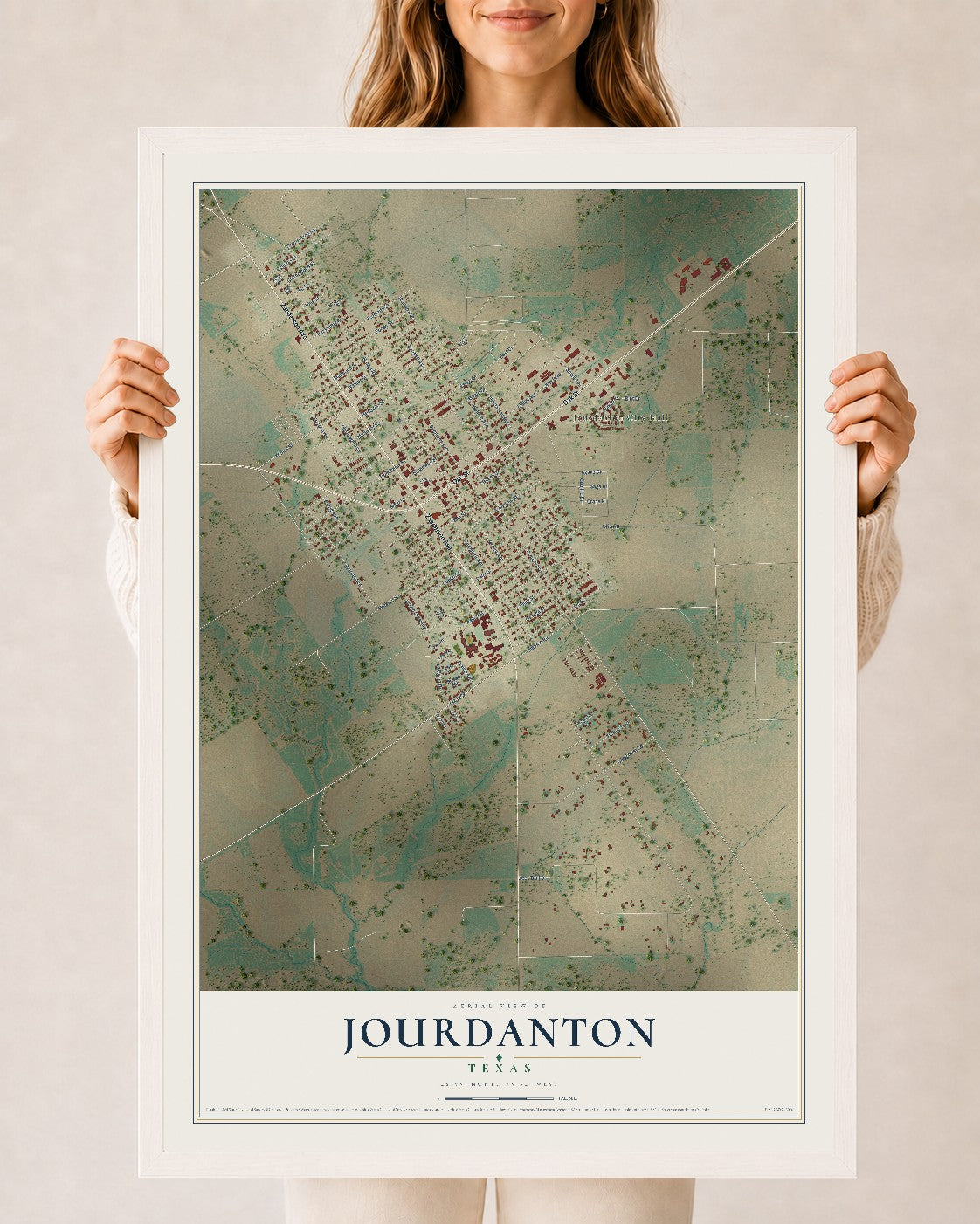 Map of Jourdanton, Texas, 24 x 36 inch print in a white wood frame