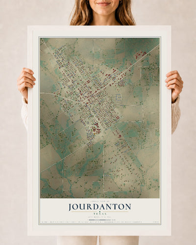 Map of Jourdanton, Texas, 24 x 36 inch print in a white wood frame