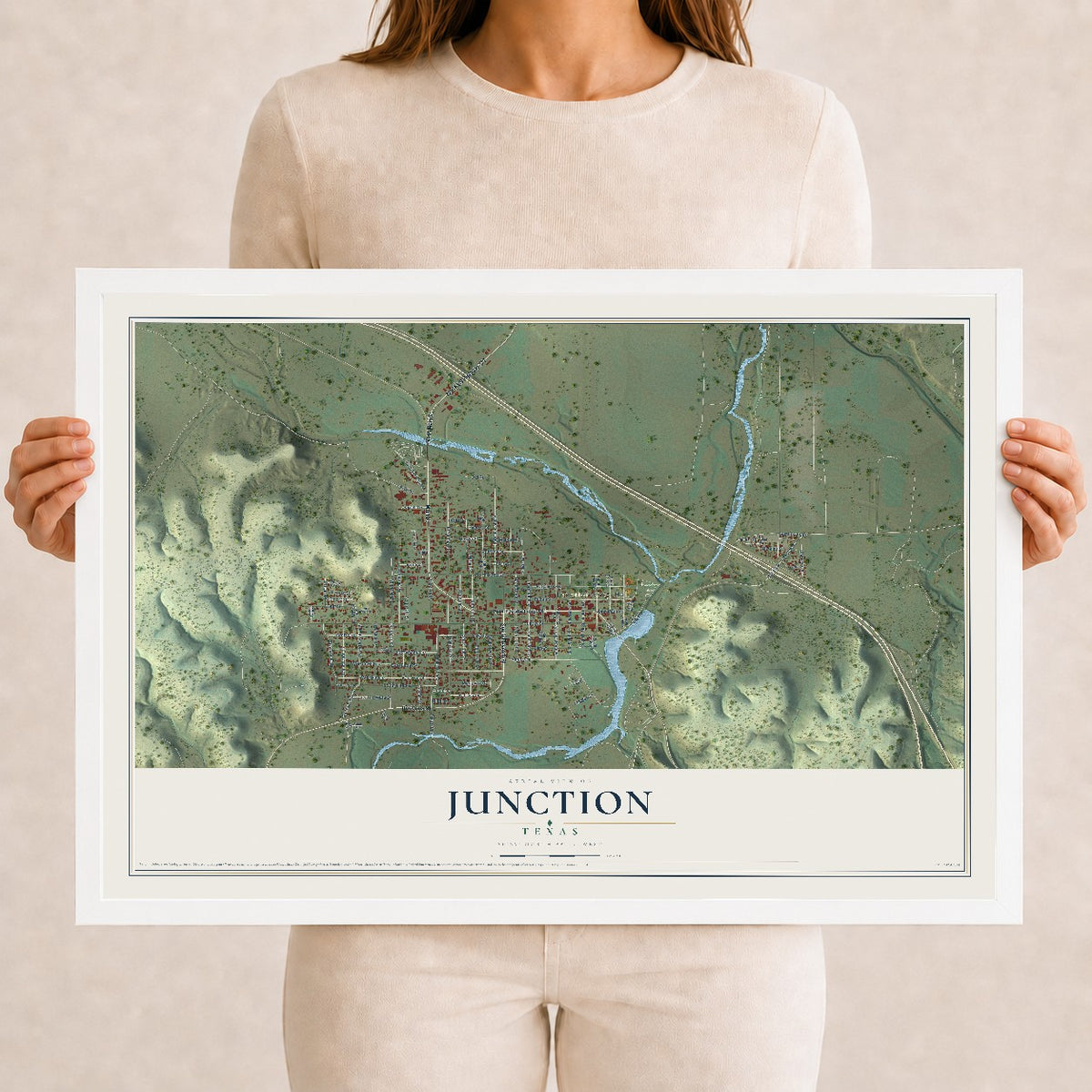 Map of Junction, Texas, 12 x 18 inch print in a white wood frame