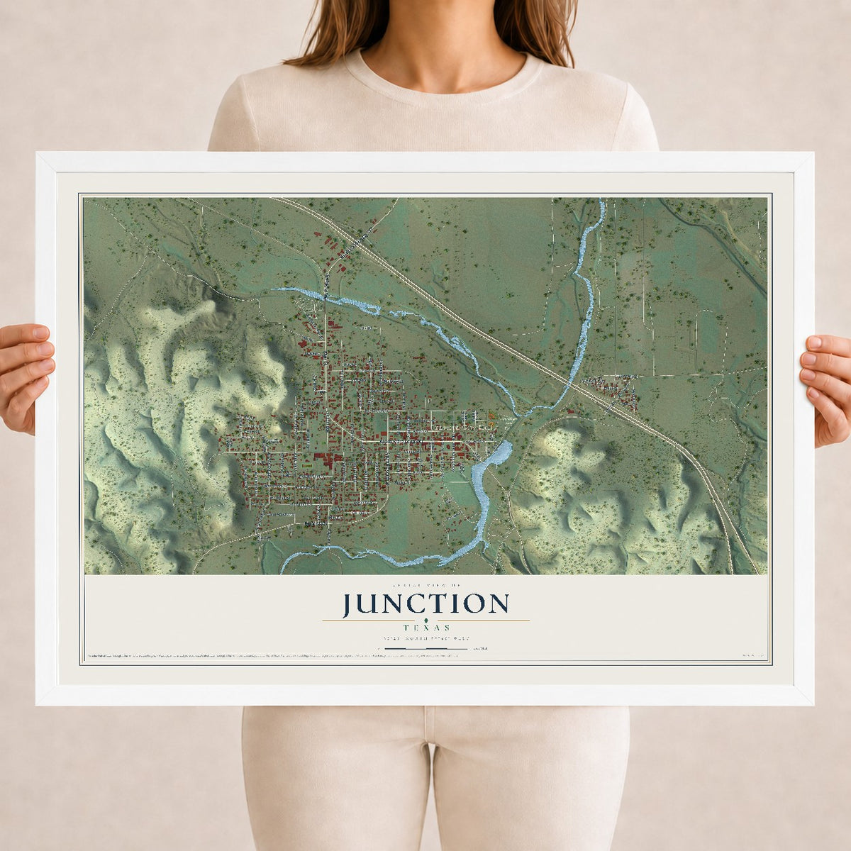 Map of Junction, Texas, 18 x 24 inch print in a white wood frame