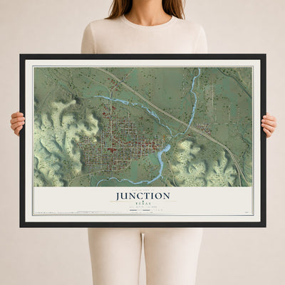 Map of Junction, Texas, 24 x 36 inch print in a black wood frame