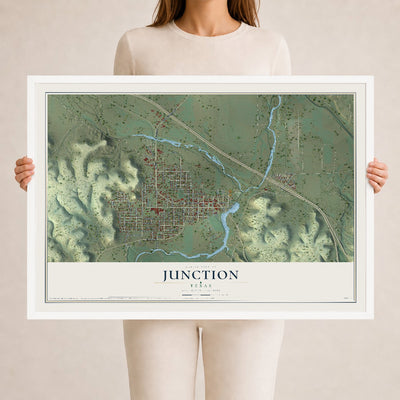 Map of Junction, Texas, 24 x 36 inch print in a white wood frame