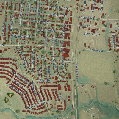 Close-up of the map of Justin, Texas print showing street and building detail
