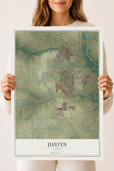 Map of Justin, Texas, 18 x 24 inch unframed archival matte print