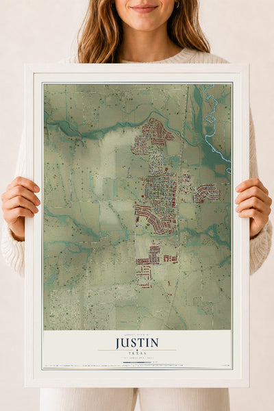 Map of Justin, Texas, 18 x 24 inch print in a white wood frame