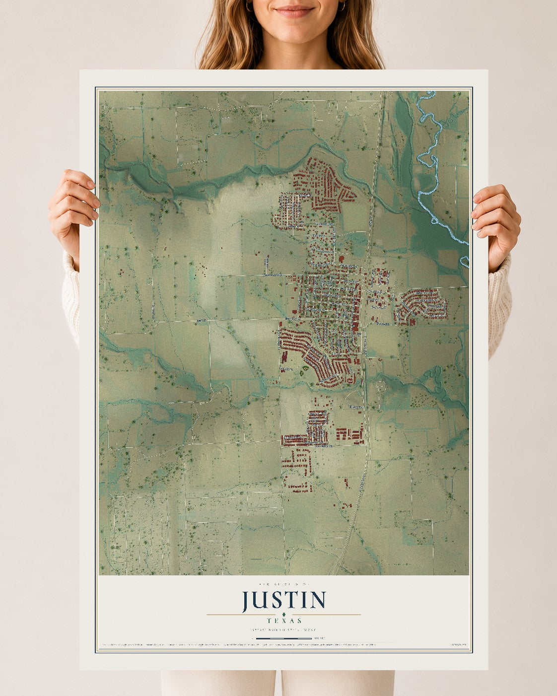 Map of Justin, Texas, 24 x 36 inch unframed archival matte print