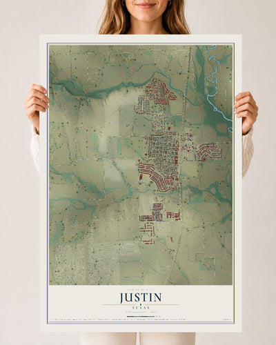 Map of Justin, Texas, 24 x 36 inch unframed archival matte print