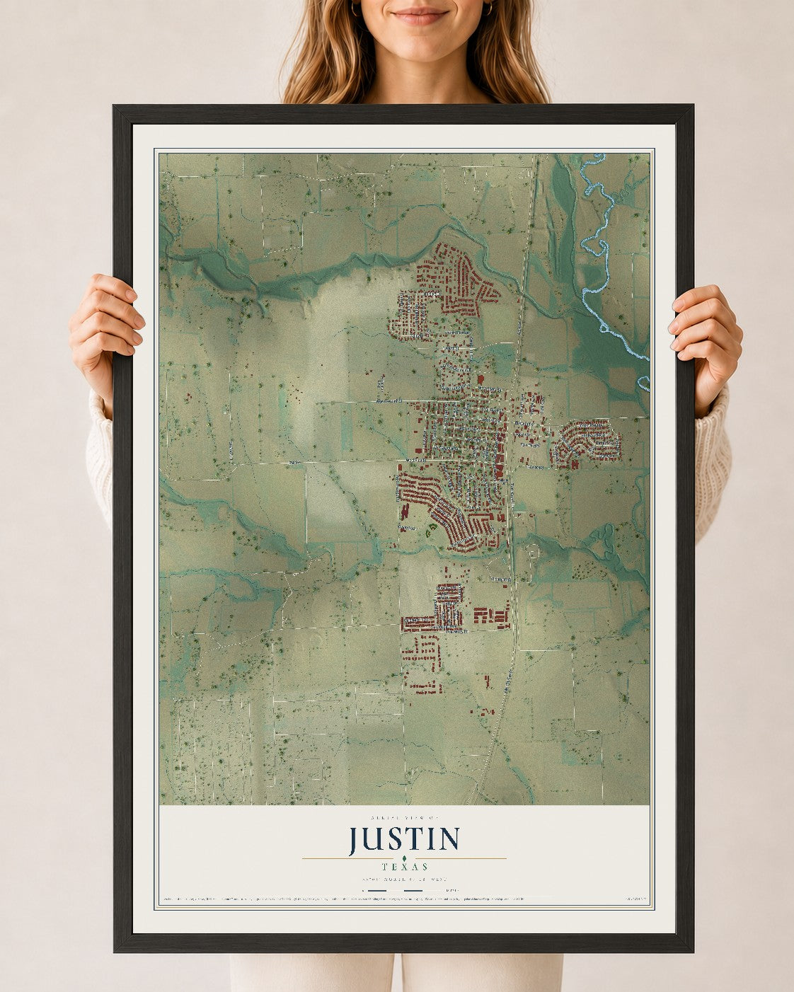 Map of Justin, Texas, 24 x 36 inch print in a black wood frame