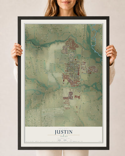 Map of Justin, Texas, 24 x 36 inch print in a black wood frame